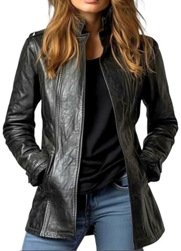 AAOutfitz Blazer negro de piel suave con frente abierto para mujer, Negro - Cuero, L