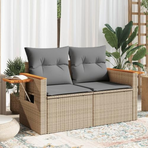 Mandloder Gartensofa 2-Sitzer, Beige Poly Rattan, mit Kissen, klappbaren Ablagen, UV-beständig, 124 cm breit, für Terrasse & Balkon, Akazienholz-Armlehnen