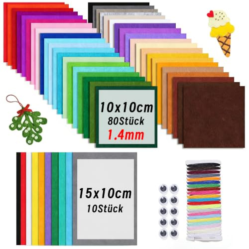 Wonninek 1,4mm 90 Teile Bastelfilz, Fadenbrett und Aktivität AugenSich | 10x10+10x15cm, 40 Farben, Kinder Vliesstoff Stoff Filzplatten, Polyester Felt Fabric mit Nähzubehör, zum DIY Handwerk Nähen