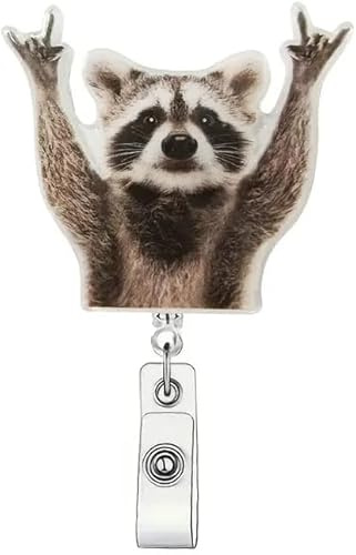 Utdragbar ID-korthållare, sjuksköterska ID-korthållare, bricka med söt design, badge rulle med klämma för sjuksköterskor, läkare, volontärer (rolig raccoon)
