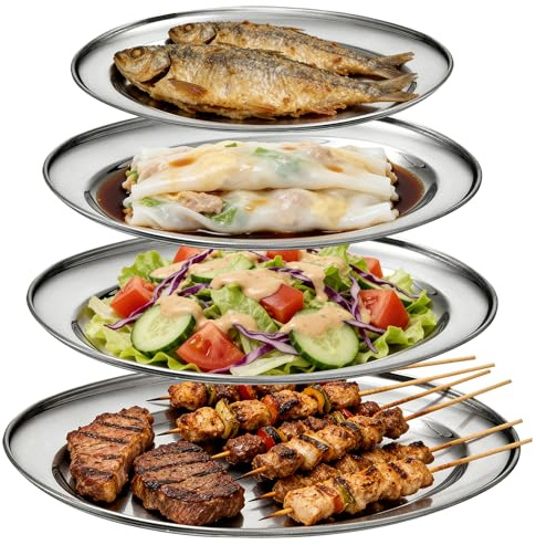 GOMETY 4 bandejas de servir ovaladas de acero inoxidable pulidas de alto brillo, bandeja para servir aperitivos, guarniciones, carne a la parrilla, verduras y pescado, tamaños 26 cm, 30 cm, 35 cm, 40