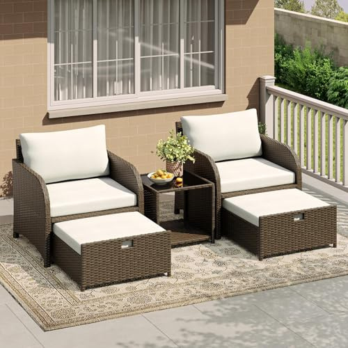 GarveeMore Rattan Gartenmöbel Set 5 Teilig, Lounge Möbel Outdoor Balkon | Bequemen Polstern, Ottomans,Gehärtetem Glas Couchtisch, Garten,Veranda,Terrasse,Wetterfestes ,Terrassenmöbel