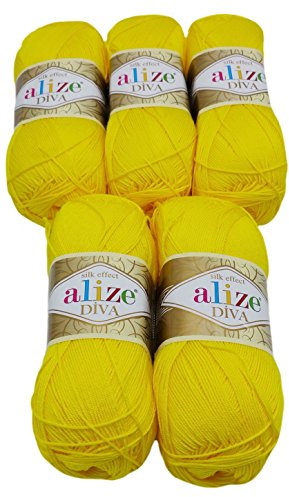 Alize 5 x 100 Gramm Wolle Diva Batik einfarbig, 500 Gramm merzerisierte Strickwolle Microfiber-Acryl (gelb 110)