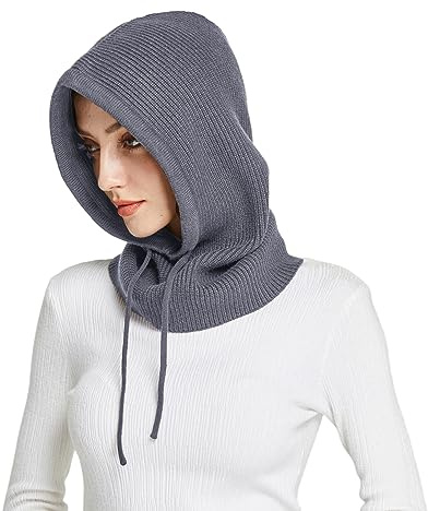 Facecozy Mütze Damen Winter, Strickmützen Warme Kapuzen Schal für Frauen Sturmhauben Beanie Wintermützen (Dunkelgrau)