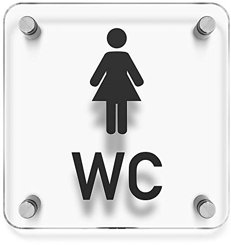 Türschilder24 WC Toiletten Wandschild/Türschild • Damen WC • 150 x 150mm. Schild besteht aus hochtransparentem 3mm Acrylglas. Inkl. 4 x Abstandshalter aus V2A Edelstahl
