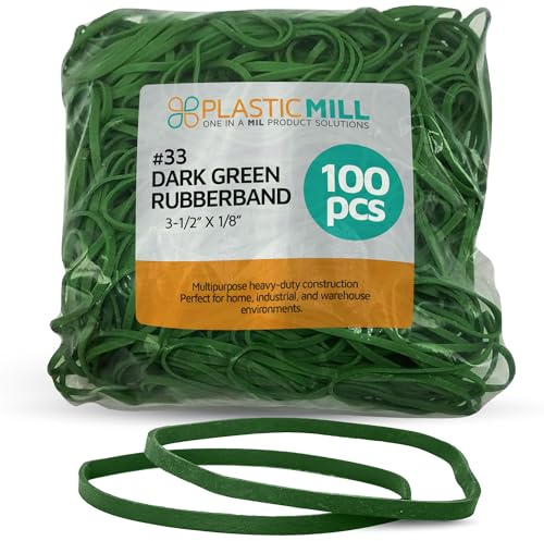 PlasticMill Dark Green Rubber Bands Size 33 (3 1/2 x 1/8) - #33 Colored Rubber Bands Office Supplies - Strong, Elastic Bands for Crafts, Balloon Garland, Cash, File Folders (100-Pack)