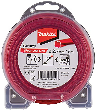 Makita E-01828 Mähfaden Four-Leaf 2,7 mm x 15 m, Trimmerfaden, Nylon, rot, geräuschreduziert, erhöhte Laufzeit, speziell für Akku-Rasentrimmer und Akku-Freischneider