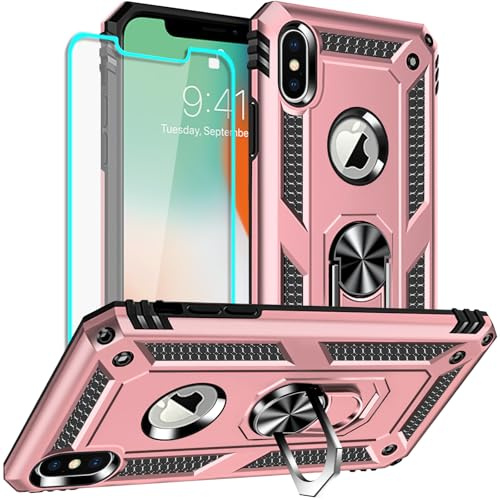 Yiakeng Coque iPhone X, Coque iPhone XS, Verre Trempé D'écran Protecteur, Silicone Antichoc Défense Bumper Armure Housse Etui pour iPhone X et iPhone XS (Or Rose)