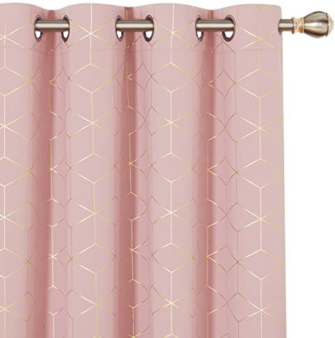Deconovo Blackout Curtains Noise Reduction Eyelet Curtains, Gold Diamond Printed Thermal Insulated Curtains for Bedroom, 46 x 72 Inch (Width x Length), Coral Pink, 2 Panels