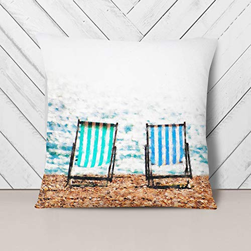 Big Box Art Deckchairs Upon Brighton Beach Painting - Cushion Cover Throw Pillow with Insert for Sofa Chair Bed - Stone Rear - 40x40 cm