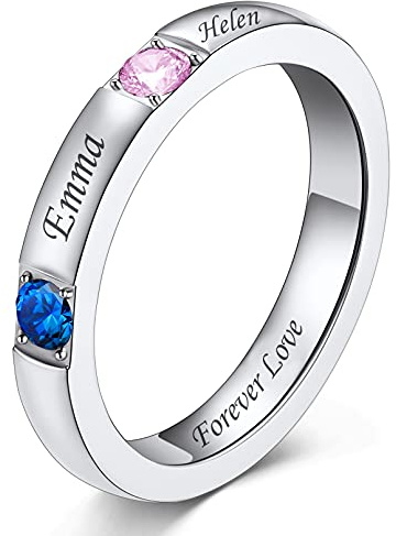 Custom4U Personalisierter Damen Ring mit Gravur Edelstahl 1/2/3 Geburtsstein Fingerring mit 1/2/3 Namen Silber/Gold Ehering Verlobungsring 3mm breit Ringgröße 49.3(15.75)-64.6(20.75)