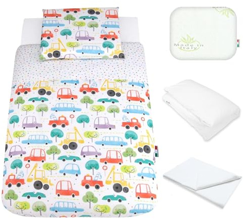 Babysanity Lenzuola Next To Me Compatibili 5 pezzi: Cuscino Neonato Federa Cuscino Piumino Copripiumino Lenzuolo Angoli per Culla Lettino Neonato Chicco Kinderkraft Cam Brevi OEKO-TEX (Macchine)