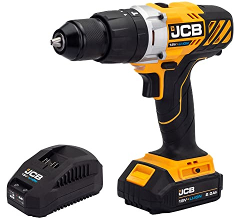 JCB 18V Cordless Combi Drill, 2.0ah Battery & Fast Charger, Variable Speed & Integrated LED Work Light, 16+3 Position Adjustable Torque, 3 Year Warranty