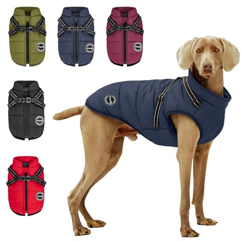 AIMYDOG Abrigo de invierno cálido para perro, chaqueta deportiva de moda para clima frío con arnés integrado, chaleco cómodo reflectante y ajustable, ropa impermeable y resistente al viento para