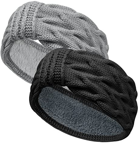 Stirnband Damen Winter, EYCLFY Stirnbänder Damen Winter Gefüttert Fleece Haarband, Elastische Kopfband Gestrickte Headband Frauen Haarreifen Strick Headwrap 2 Stück (Dunkelgrau + Hellgrau)