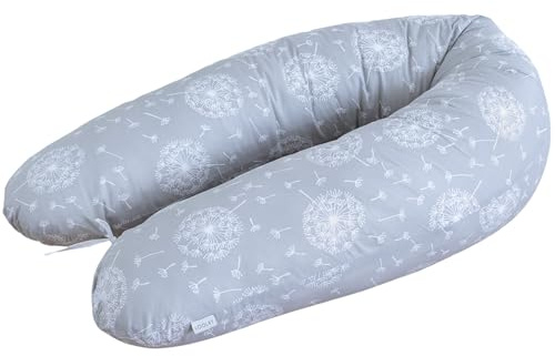 Stillkissen L/XL - 190 cm mit abnehmbarem Bezug aus 100% Baumwolle - Schwangerschaftskissen, Seitenschläferkissen & Lagerungskissen mit leiser FillBall-Füllung, in Europa gefertigt (Pustelblume Grau)