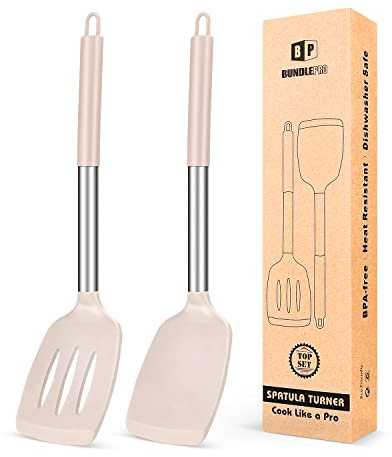 Pack of 2 Silicone Solid Turner,Non Stick Slotted Kitchen Spatulas,High Heat Resistant BPA Free Cooking Utensils,Ideal Cookware for Fish,Eggs,Pancakes (Stainless Steel Khaki)