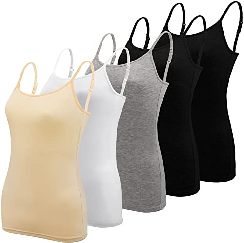 BQTQ 5 stycken spagettitopp damer undertröja spagettiremmar linne med justerbar rem basic Cami linne topp för kvinnor och flickor, Svart, vit, grå, beige, S