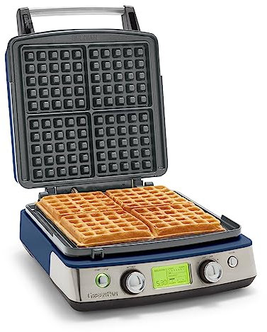 GreenPan Elite 4-Square Belgian & Classic Waffle Iron, Healthy Ceramic Nonstick Aluminum Dishwasher Safe Plate, Adjustable Shade/Crunch Control Wont Overflow Easy Clean,Breakfast,PFAS-Free,Oxford Blue