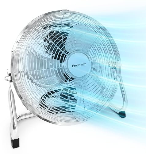 Pro Breeze 30,5 cm Bodenventilator aus Chrom - 50W Ventilator klein mit 3 Geschwindigkeitsstufen, 110° vertikal neigbar - Leistungsstarke Windmaschine für Zuhause, Büro und Fitnessstudio