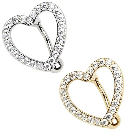 KRYMSON Lot de 2 anillos de ombligo en forma de corazón, vástago y barra de piercing, joya flotante (plata, oro), Acero inoxidable y Hao Shi