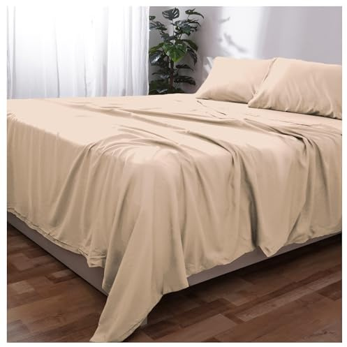 Novo Home Double Bed Sheet Set (Beige) – Soft Brushed Microfiber Bedding with Flat Sheet, Fitted Sheet & Pillowcases – Deep Pocket, Fade Resistant, Easy Care