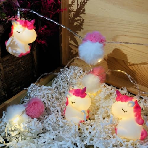Riaxuebiy Einhorn Flauschige Kugeln Lichterketten,Batteriebetrieben LED Plüschball Einhornlampe,Einhorn Nachtlichter für Kinder Schlafzimmer Geburtstag Dekoration (1.65m/10led)