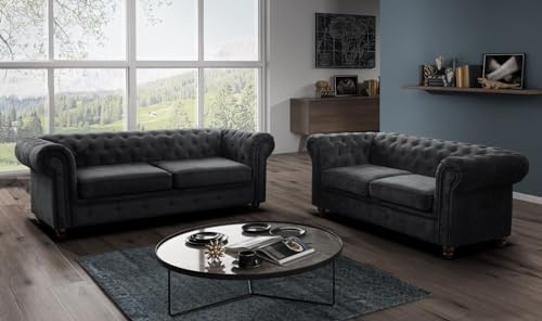 Easy4You Chesterfield Graphit Set 3-Sitzer + 2-Sitzer Sofa Sofas für Wohnzimmer Sofagarnituren mit Holzfüße Set Sofas & Couches