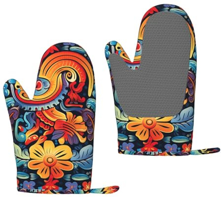 Oven Mitts Set 2 pcs Silicone Kitchen Oven Glove Mexican Oven Mitt Heat Resistant Oven Glove for Cooking Non-Slip Cooking Gloves Washable Potholders for Baking BBQ