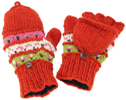GURU SHOP Handgestrickte Klapphandschuhe Nepal, Wollhandschuhe | Warme Fausthandschuhe, Fleece-Futter, elastisch, fair gehandelt, Länge ca. 28 cm, Breite ca. 11 cm