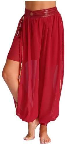 Jugaoge Pantalones de danza del vientre para mujer, pierna ancha, gasa, con abertura lateral, pantalones bombachos de princesa india Bloomers, rojo, Talla única