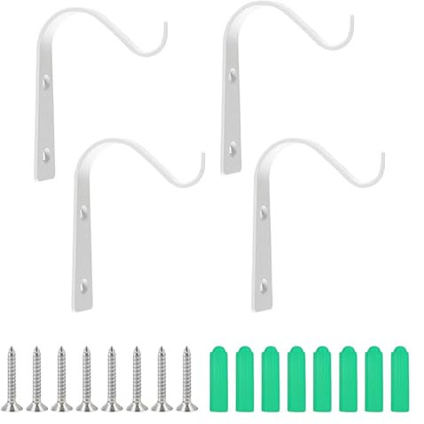Pflanzenhalterung Eisen Wandhaken, Wandhaken für Blumenampel, Wandhalter Haken, Metall Pflanzenhalterung Hängend, für Blumenkörbe, Hängekörbe, Laternen, Vogelhäuschen, Windspiele, 4 Stücke, Weiß