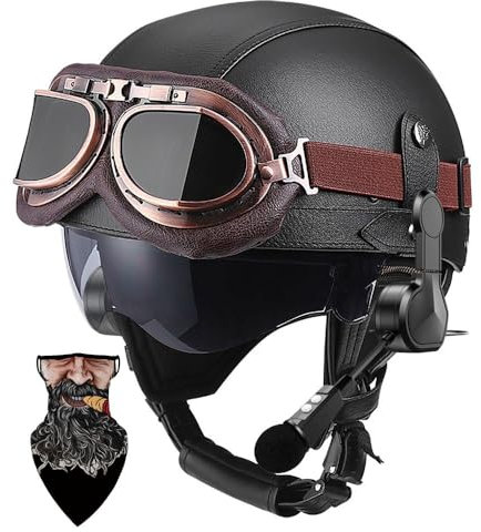 HALYING Casco Moto Vintage Stile Tedesco Certificazione ECE- Casco Semi-Aperto con Visiera Retrattile ABS ad Alta Resistenza + Strato EPS Rivestimento Traspirante e Collare Staccabile