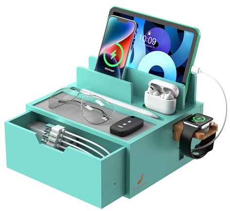 Pezin & Hulin Bamboo Charging Station for Multi Device with Watch Stand, Nightstand Docking Stand with Felt Pad Tray & Drawer, Desktop Dock Organizer Compatible with Tablet, CellPhone, SmartWatch-Teal