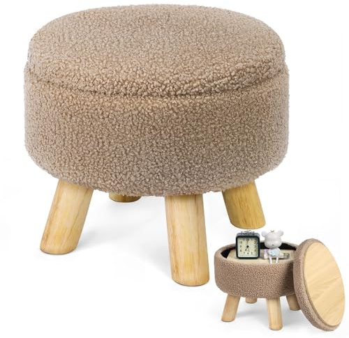 LIANTRAL Petit repose-pieds ottoman avec espace de rangement - Pouffe rond - Repose-pieds avec siège rembourré et couvercle - Mini ottoman en velours - Pour salon, chambre à coucher, canapé - Marron