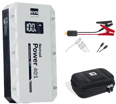 GYS, Nomad Power 401, Démarreur/Booster Batterie Lithium Portable 1200A, Véhicules 12V (Moto, Voiture), Démarrage Sécurisé, Batterie Externe 3Ah (PowerBank), Lampe LED, Ecran LCD