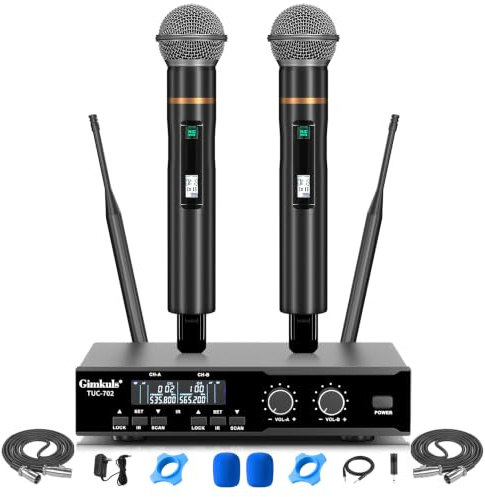 Gimkuls Wireless Professional Microphone System, Cordless Handheld Dynamic Mic, Dual UHF 200-Channel, Metal Microphones 328ft Long Range for Karaoke, Church, DJ, Wedding, Singing