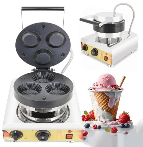 Waffle Bowl Maker, 1600W, 3 Plates, Adjustable Temperature 0-300°, 360° Double-Sided Heating, Commercial Egg Tart Pie Press Maker for Quiche