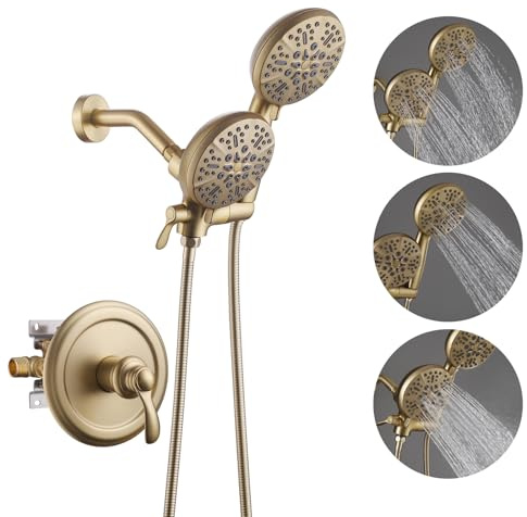 HANJAI Pommeau de douche double avec pommeau de douche à main haute pression 3 voies avec tuyau SUS304, pommeau de douche à 7 réglages et main séparément ou ensemble, or brossé