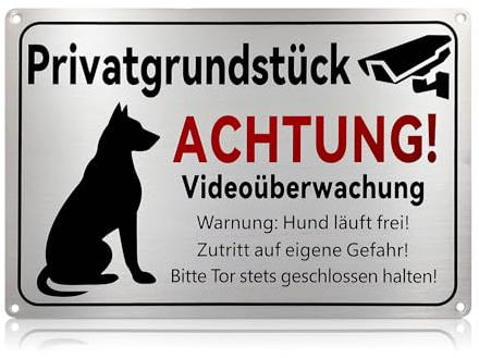 Videouberwachung Privatgrundstuck,Vorsicht Bissiger Hund Schild 30 * 20cm Metallschild mit Selbstklebenden und Vorgebohrten Löchern