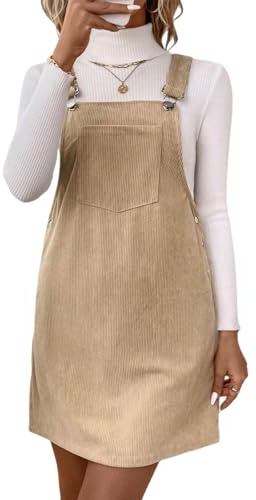 Damers manchesterklänning, 2025 vardaglig overall, miniklänning, framficka, sidoknappar, Khaki, XL