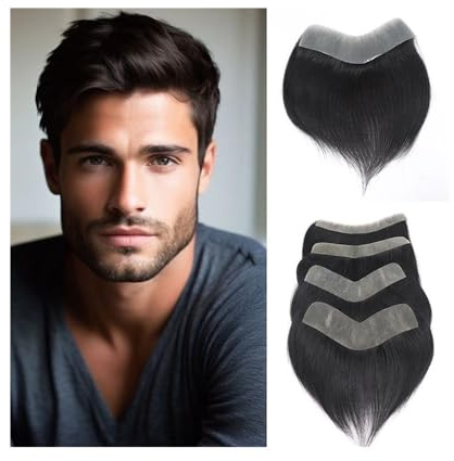 Für Männer 0,06 mm dünne Haut Männer Haaransatz Toupet Echthaar V-Form unsichtbare Frontal Haarteil Perückenkopf(16cmx2cm)