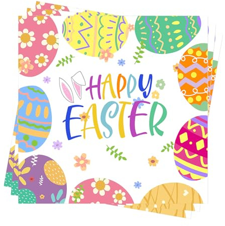 60 Stück Osterservietten Happy Easter, Servietten Ostern Papier für Tischdeko, Bunte Osterdeko Eier Motiv 3-lagig, Einweg Papierservietten als Ostergeschenke für Frauen & Kinder Party