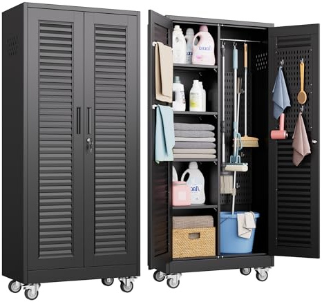 SUXXAN Broom Closet with Wheels 71x 31.5x15.75, Metal Cleaning Cabinets with Louvered Doors Hooks and Hanging Rods, Lockable Cabinet with Pegboard, Adjustable Shelf,for Garage, Laundry Room