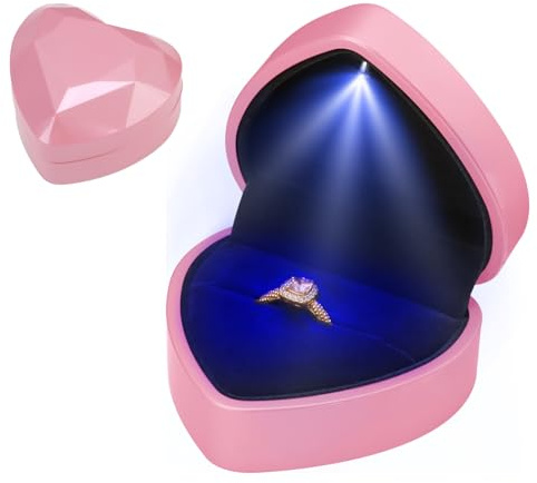 Lumitrex Herzförmige Ringschachtel mit LED, Beleuchtung Ringbox Herzform | Ringschachtel Hochzeit mit Samt Interieur,Schmuck Präsentationsbox,Verlobungsring Box für Wedding Verlobung,Rosa