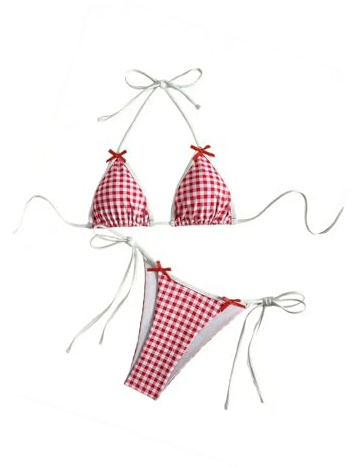 SOLY HUX Women's Plaid Gingham Bikini Set Halter Triangle Tie Side String Bathing Suit Cute Summer Two Piece Swimsuit Red Plaid Medium