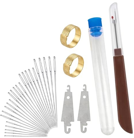 Big Eye Stainless Steel Needle Set,Sewing Needles Easy Thread (31) | 25 steel needles, 2 needle threaders, 2 thimbles, 1 seam ripper and a convenient needle case