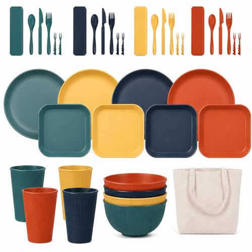 AURALIN Servicio de camping de 41 piezas de polipropileno de grado alimenticio para 4 personas con platos, cuencos, tazas acanaladas, bandejas cuadradas, portacubiertos, tenedores de fruta y bolsa de