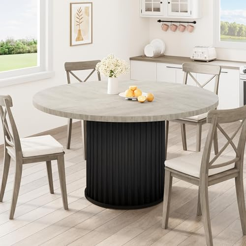 Garvee 47 Round Dining Table for 4-6 People, Wooden Kitchen Table with Sturdy Waveform Metal Pedestal Base, Industrial Circle Dinner Table Easy Assembly for Home, Dining Room, Apartment, Gray