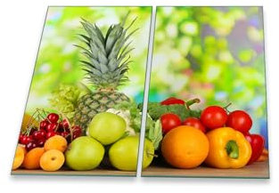 decorwelt | Herdabdeckplatten 2x30x52 cm Ceranfeldabdeckung 2-Teilig Universal Elektroherd Induktion für Kochplatten Herdschutz Deko Schneidebrett Sicherheitsglas Spritzschutz Glas Früchte